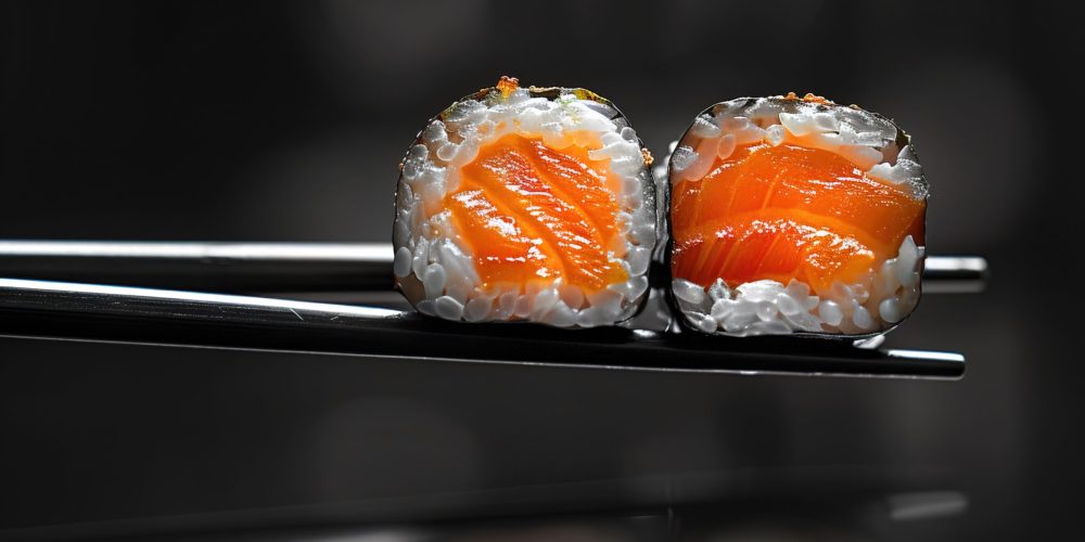 Sushi med frisk fisk på sort baggrund hos sushi restaurant i Næstved
