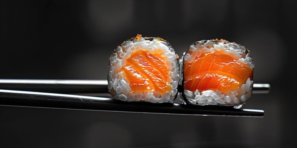 Sushi med frisk fisk på sort baggrund hos sushi restaurant i Næstved